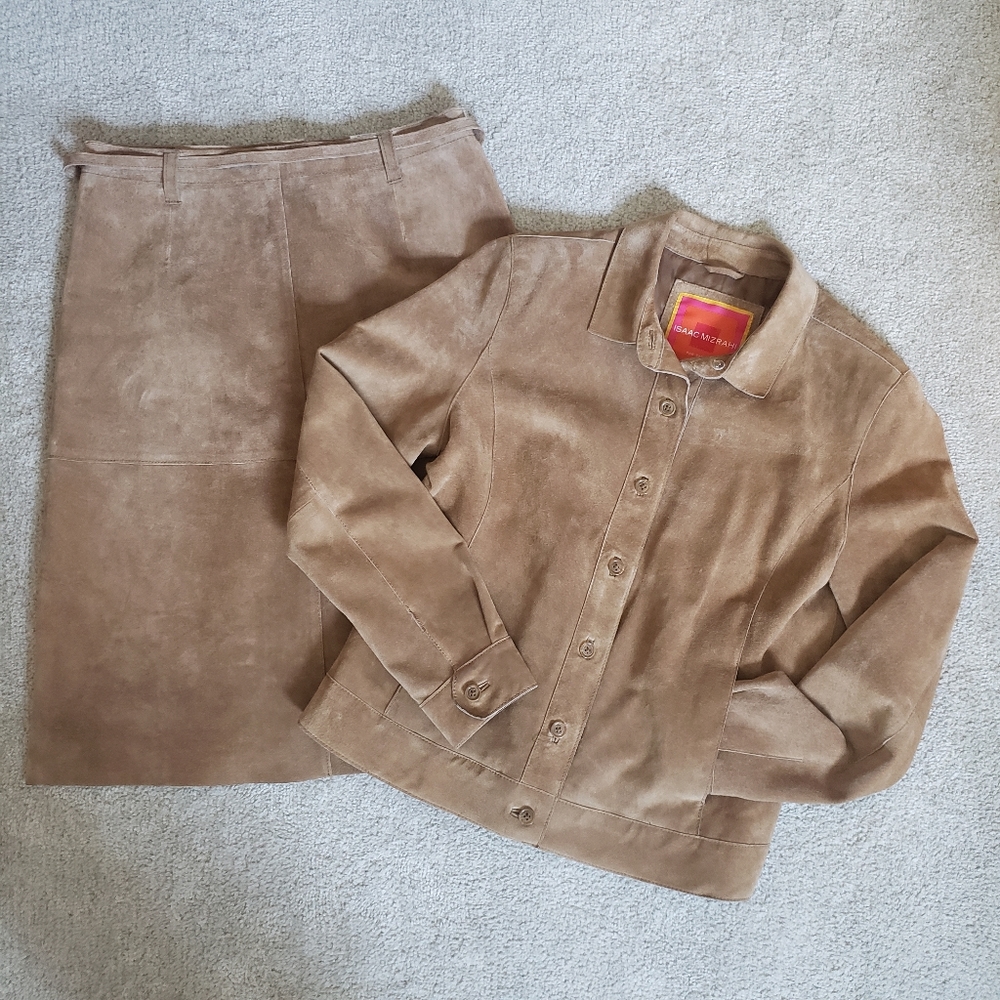 Two Piece Matching Leather Jacket & Skirt Set